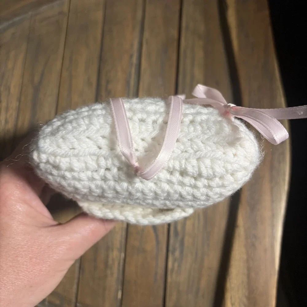 Handmade Crocheted Tooth Fairy Pillow Blue Eyes Pink Ribbon
